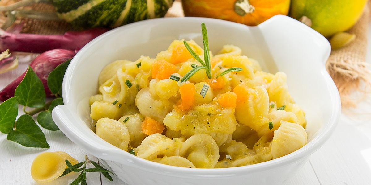 Pumpkin and lemon Orecchiette with coffee powder 